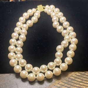 Classic Double Strand Cream Pearl Necklace with Gold Clasp